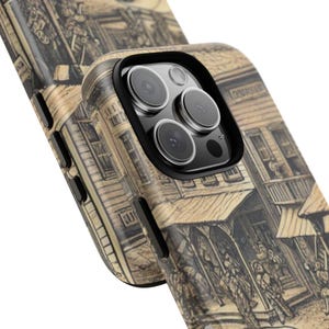 May include: A phone case with a sepia-toned illustration of a vintage town scene. The case has a black camera lens protector and a wood-grain texture. The design features buildings, people, and architectural details.