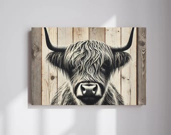 Scottish Cow Art Canvas Wall Decor, Highland Cow Print Art, Highland Cattle Print, Rustic Farmhouse Decor Ideas, Highland Cattle Canvas