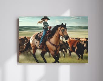 Cowgirl Canvas Wall Art Prints, Horseback Riding Wall Hanging Canvas, Horse Artwork Decor, Gift for Horse Lovers, Equestrian Gift Ideas