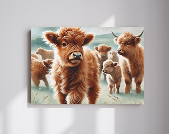 Highland Cow Wall Art, Calves and Cow Canvas Print, Countryside Décor, Farmhouse Décor, Highland Cow Print, Rustic Décor, Western Wall Art
