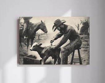 May include: A black and white photograph of a cowboy in a hat and chaps, sitting on a stool and examining a calf. The cowboy is holding a tool in his hand. There is a horse in the background.