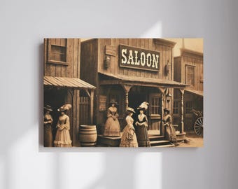 May include: A sepia-toned photograph of a vintage saloon in the Wild West. The saloon has a wooden facade with a sign that reads "SALOON". Several women in long dresses and hats stand in front of the saloon.