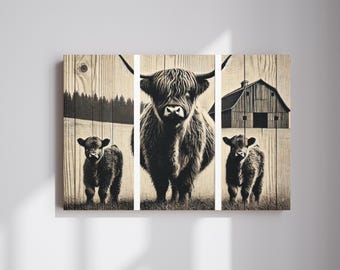 May include: A black and white illustration of a Highland cow and two calves standing in front of a wooden fence. The cow is in the center of the image, and the calves are on either side of it. There is a barn in the background.