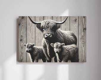Scottish Highland Calves & Cow Canvas Print, Black and White Wall Art, Highland Cow Rustic Wall Decor, Animal Painting Canvas Wall Décor