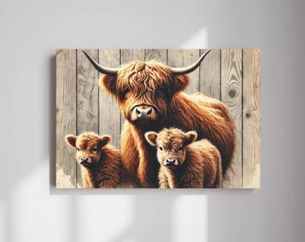 Scottish Highland Calves & Cow Canvas Print, Highland Cow Wall Art, Highland Cow Prints Rustic Wall Decor, Animal Painting Canvas Wall Décor