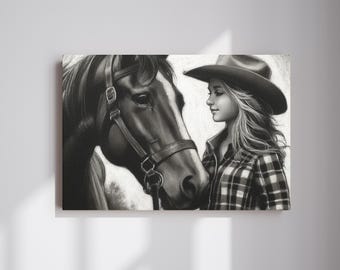 Cowgirl and Horse Canvas Print: Black & White Western Wall Art