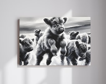 Highland Calves Canvas Print, Black and White Canvas Wall Art, Pastoral Scene, Highland Cow, Farmhouse Décor, Rustic Décor, Western Art