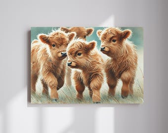 Highland Calves Canvas Wall Art, Farm Art Print, Countryside Print, Barn Canvas, Housewarming Gift Ide Rustic Decor Wall Art, Rustic Decor