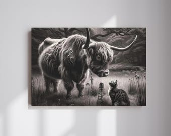Highland Cow Canvas Wall Art, Farm Cat Canvas, Barnyard Animals Canvas Art, Housewarming Gift, Cat & Highland Cattle Decor, Farm Art Print