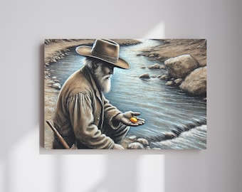Miner and Gold Canvas Wall Art, Housewarming Gift Wall Art, Miner Lamp, Printed Canvas Wall Art, Countryside Canvas, Farmhouse Decor