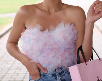 Korsett mit schiere Blumen Organza, Pastell Korsett,Organza Top,Top-Bustier,Blumen Korsett,Geschenk für sie,Geburtstags Korsett,Blumen Stickerei