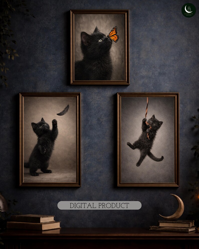 Black Cat Wall Art Set of 3 Prints, Cute Kitten Wall Decor, Dark ...