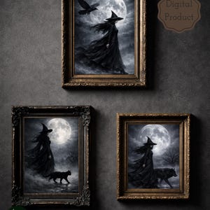 May include: Three framed art prints featuring a witch in a black dress and hat, set against a full moon. One print includes a raven, another a black cat, and the third a wolf. The frames are ornate.