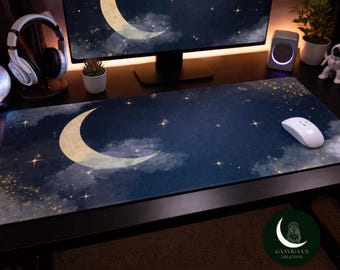 Celestial Moon Gaming Mouse Pad | Night Sky Desk Mat