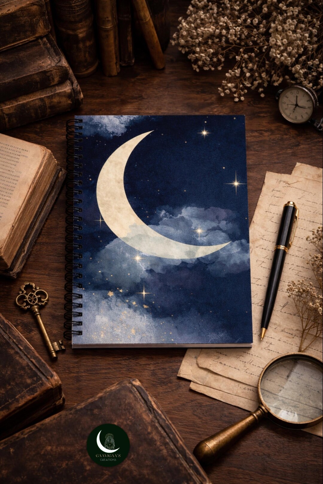 Celestial Crescent Moon Spiral Notebook | Night Sky Clouds | Witchcore ...