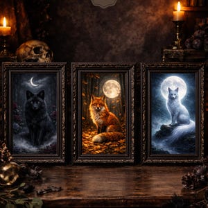 May include: Three framed art prints featuring mystical forest scenes with animals. One print shows a black wolf under a crescent moon, another a red fox under a full moon, and the last a white fox under a full moon. The prints are labeled "Digital Product".