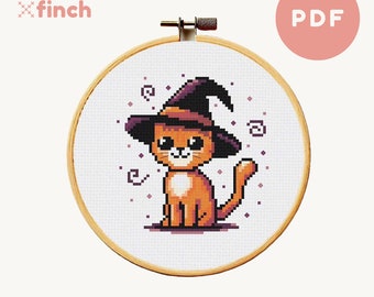 Häxhatt Orange Tabbykatt Korsstygnsmönster Katthäxa Korsstygnsmönster Spöklikt Enkel PDF-nedladdning Söt DIY-present till Halloweenpyssel