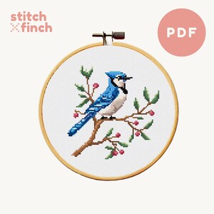 May include: A cross-stitch pattern featuring a blue jay perched on a branch with red berries. The pattern is displayed in a wooden embroidery hoop. The text "stitch finch" and "PDF" are also visible in the image.