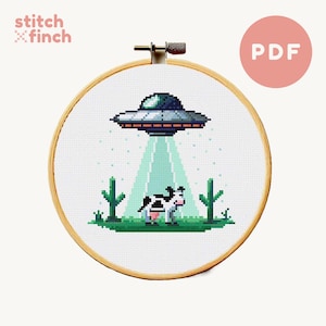 Cute UFO Cross Stitch Pattern UFO Abducting Cow Cactus Cross Stitch Alien Cross Stitch Pattern Sci-fi Small Pdf File DIY Gift for Boyfriend