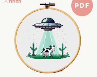 Lindo patrón de punto de cruz de ovni, ovni que abduce a una vaca, cactus, punto de cruz, patrón de punto de cruz de extraterrestre, ciencia ficción, archivo PDF pequeño, regalo de bricolaje para novio