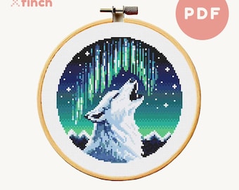 Patrón de punto de cruz de lobo blanco Patrón de punto de cruz de auroras boreales aullando de lobo Diseño de aurora boreal Descarga en PDF Regalo para amantes de la naturaleza