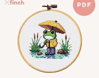 Lindo patrón de punto de cruz de rana Patrón de punto de cruz de rana con paraguas Diseño de punto de cruz Cottagecore Descarga en PDF Regalo divertido para el Día de la Madre
