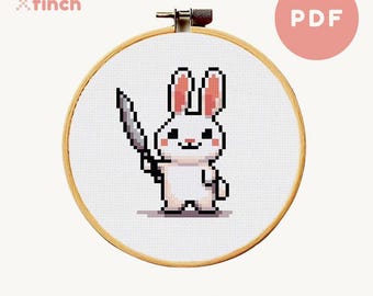 Cute Bunny Cross Stitch Pattern Bunny with a Knife Funny Cross Stitch Pattern Animal Cross Stitch Design Easy Fun PDF Download Small Rabbit