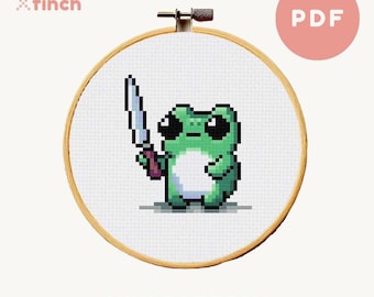 Cute Frog Cross Stitch Pattern Frog w/ Knife Funny Cross Stitch Pattern Animal Cross Stitch Design Fun PDF Download Small Cross Stitch Easy