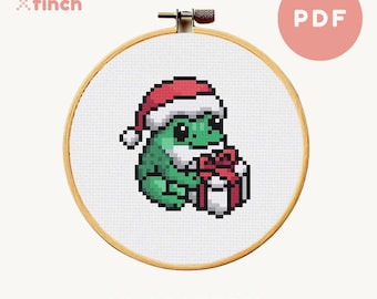 Kleine kerst kruissteek kikker in kerstmuts Kruissteekpatroon kerstkikker kruissteek aanwezig DIY Ornament Ambachtelijk cadeau Eenvoudige pdf