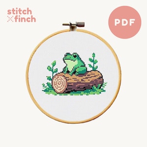 Cute Frog Cross Stitch Pattern Frog in Nature Cross Stitch Pattern Cottage Core Cross Stitch Design PDF Download Cute Gift for Mother's Day