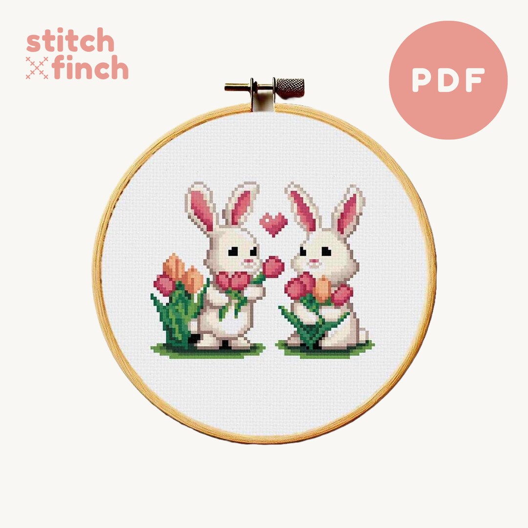 Rabbit Cross Stitch Pattern Bunnies With Flowers Cross Stitch Design ...