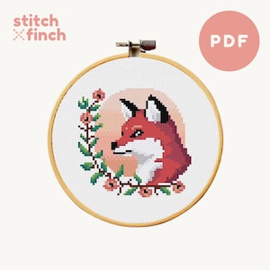 Fox Cross Stitch Pattern Fox with Poppies Forest Animal Design Digital PDF Download Pretty Gift for Mother&#39;s Day