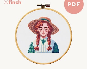 May include: Cross stitch pattern featuring a pixelated illustration of a woman with red hair wearing a straw hat and a green and white plaid shirt. The pattern is in a circular embroidery hoop.