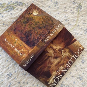 Op de afbeelding: Twee hardcover boeken getiteld Golden Son van Pierce Brown. Het bovenste boek toont een landschapsschilderij met de tekst "hic sunt leones" en "BROWN". Het onderste boek toont een klassiek schilderij van gevleugelde figuren met "GOLDEN SON".