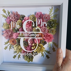 Personalised Wedding Gift, Heart Frame, Engagement, Valentine Gift, Anniversary Gift, Paper Flowers, Shadow Box zdjęcie 2