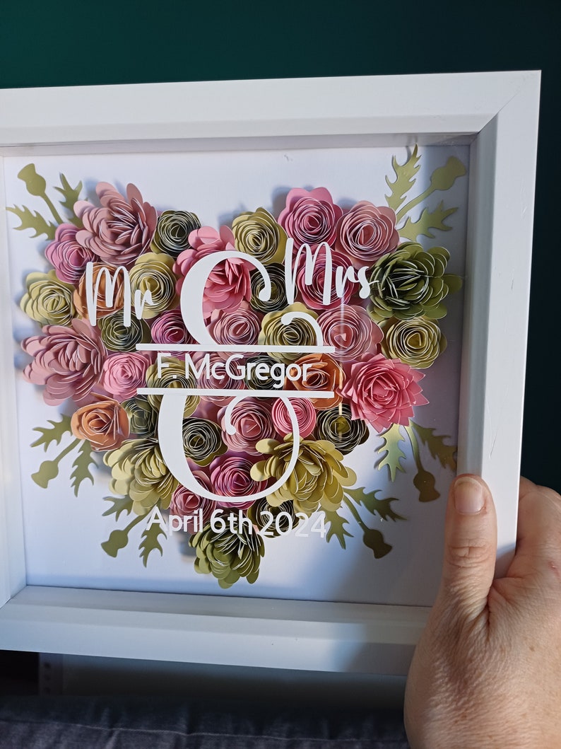 Personalised Wedding Gift, Heart Frame, Engagement, Valentine Gift, Anniversary Gift, Paper Flowers, Shadow Box zdjęcie 2