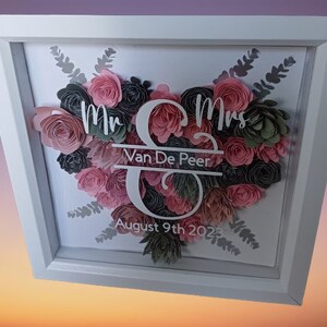 Personalised Wedding Gift, Heart Frame, Engagement, Valentine Gift, Anniversary Gift, Paper Flowers, Shadow Box zdjęcie 5