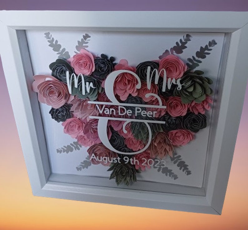 Personalised Wedding Gift, Heart Frame, Engagement, Valentine Gift, Anniversary Gift, Paper Flowers, Shadow Box zdjęcie 5