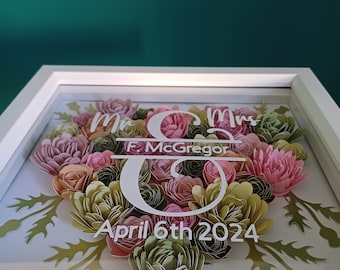 Personalised Wedding Gift, Heart Frame, Engagement, Valentine Gift, Anniversary Gift, Paper Flowers, Shadow Box