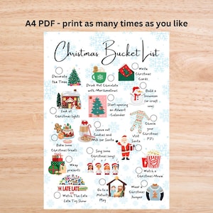 Könnte beinhalten: A4 PDF Weihnachtswunschzettel zum Ausdrucken. Die Liste enthält Aktivitäten wie das Schmücken des Baumes, das Trinken von heißer Schokolade, das Backen von Leckereien und das Ansehen eines Weihnachtsfilms. Die Liste ist mit Illustrationen und Schneeflocken verziert.
