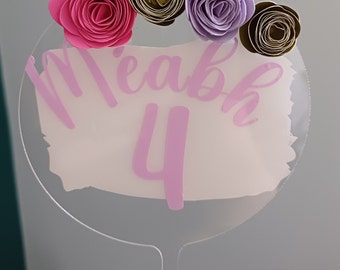 Cake Topper, Acrylic, Birthday, Any Age, Personalised, Flowers, 1st Birthday, Girl