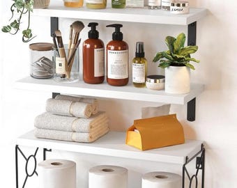 Set Of 3 Bathroom Shelves With Storage Basket | Rustic Shelf | Floating Shelves | Wall Hanging Shelf | Wall Mounted Shelf | Kitchen Shelves