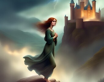 New Original A Beautiful Pre Raphaelite Woman Walking on the Wind Swept ...