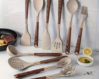 Ensemble d'ustensiles de cuisine en silicone avec manche en bois