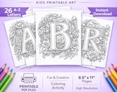 Floral Alphabet Coloring Pages for Kids, A-Z Letters, Printable PDF (Digital Download)