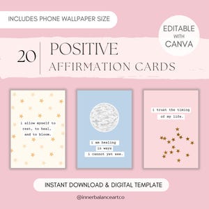 20 Cartões de Afirmação Positiva | Cartões Digitais Editáveis | Modelo Canva | Citações de Saúde Mental para Imprimir | Tamanho do Papel de Parede para Celular