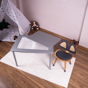 Kids Table Grey, Toddler Table Set without Bins, Playroom Furniture