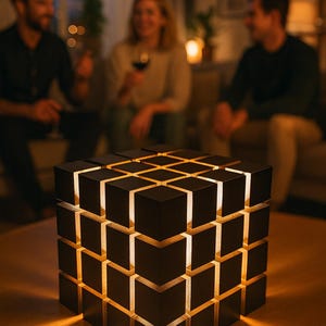 May include: A modern, geometric cube lamp with a dark finish. The lamp is constructed from multiple square blocks, creating a three-dimensional design. Warm light emanates from within the cube, casting shadows. The lamp sits on a wooden table.