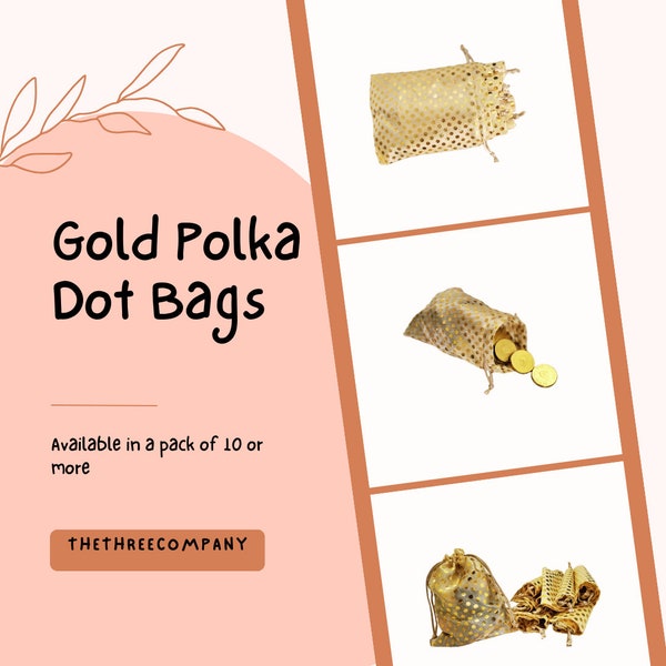 10 pochettes en organza doré, sacs cadeaux, sac d'emballage cadeau Diwali fruits secs, tissu haut de gamme fait main à pois