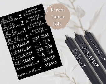 Muttertag weiß / weiße Schrift Kerzentattoos weiss DIN A5 Kerzensticker - Wasserschiebefolie Kerzen dekorieren - Geschenk Mama Danke